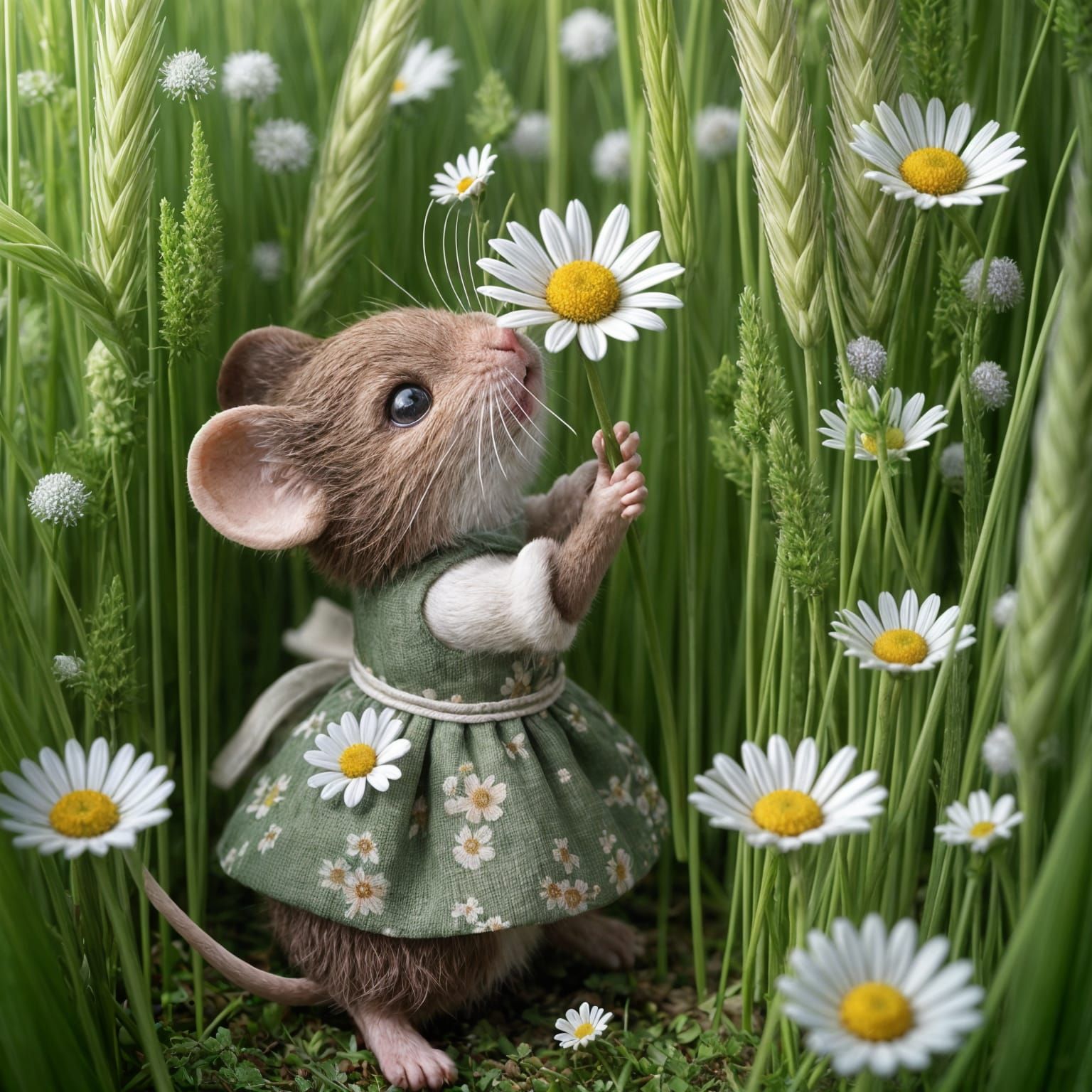 Cute Mouse Smelling Daisy in Summer Meadow