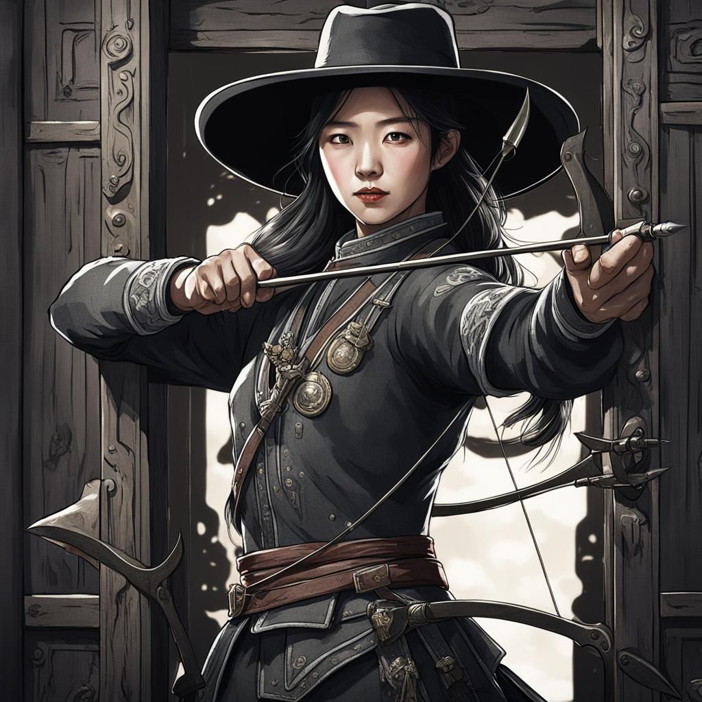 Korean cowgirl in all-dark gray outfit and black hat aims a bow and arrow from inside a Livery door.