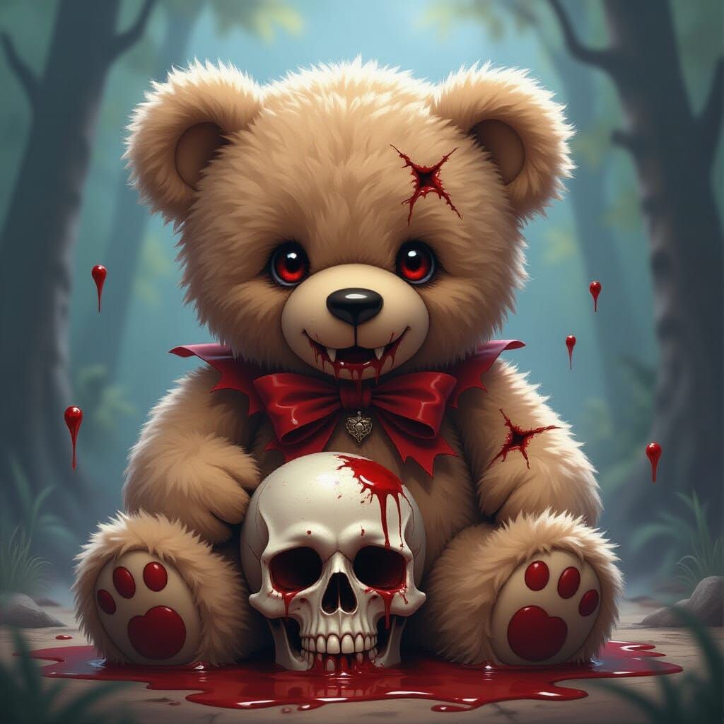Haunting Teddy Bear with Fangs and Bloody Skull