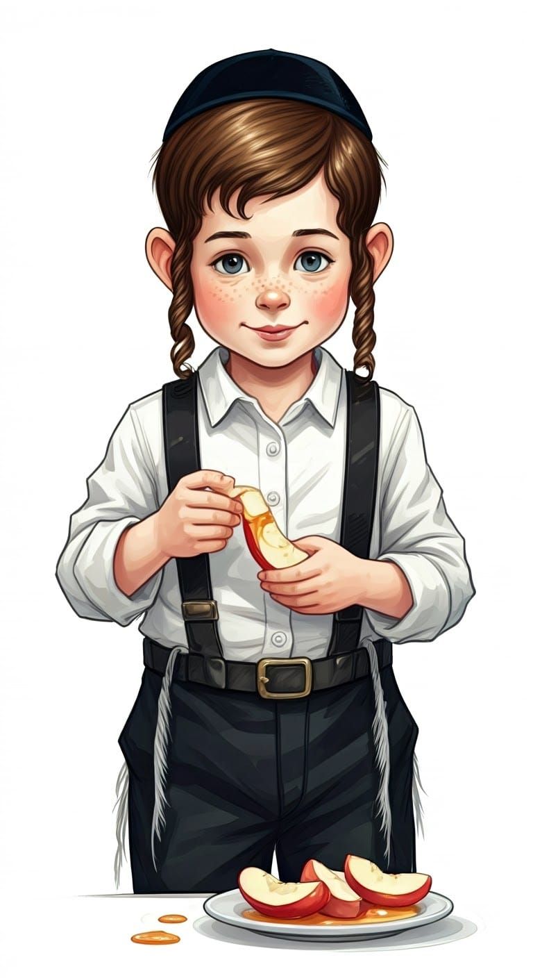 Whimsical Watercolor Portrait of an Orthodox Jewish Boy Enjo...