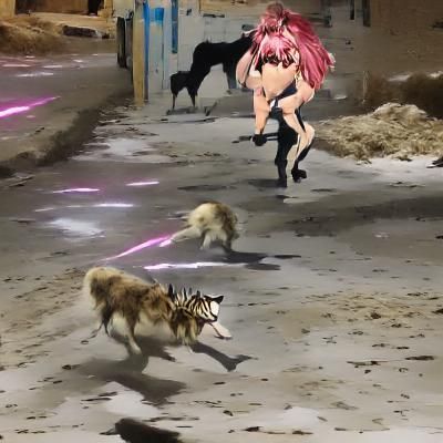 Anime Animal Running from Wolves in Dark Alley