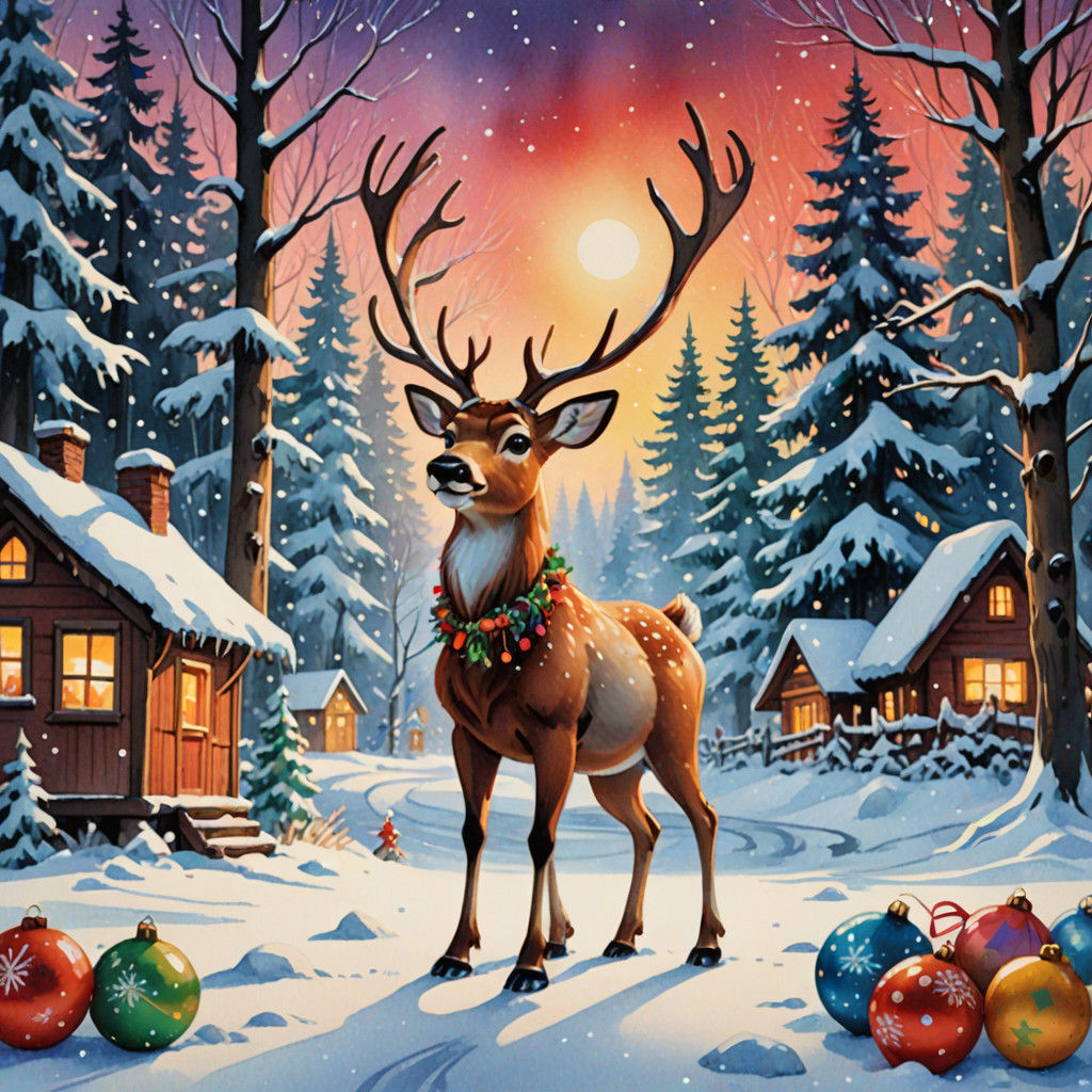 Whimsical Watercolor Winter Wonderland with Rudolf