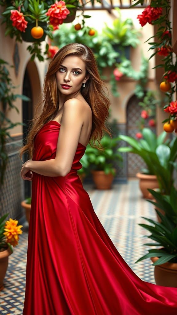 Elegant Woman in Moroccan Courtyard, Cinematic Style