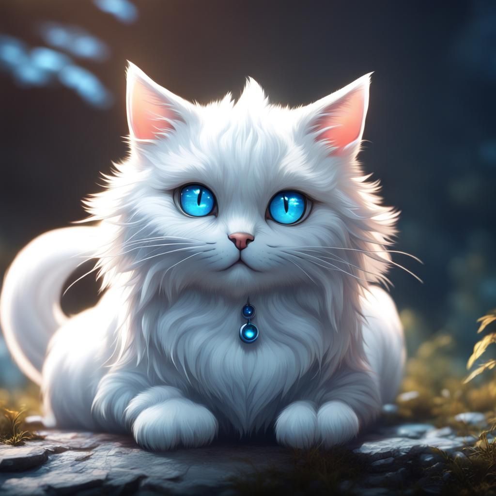 Cute Anime Cat with Blue Eyes in Detailed Painting