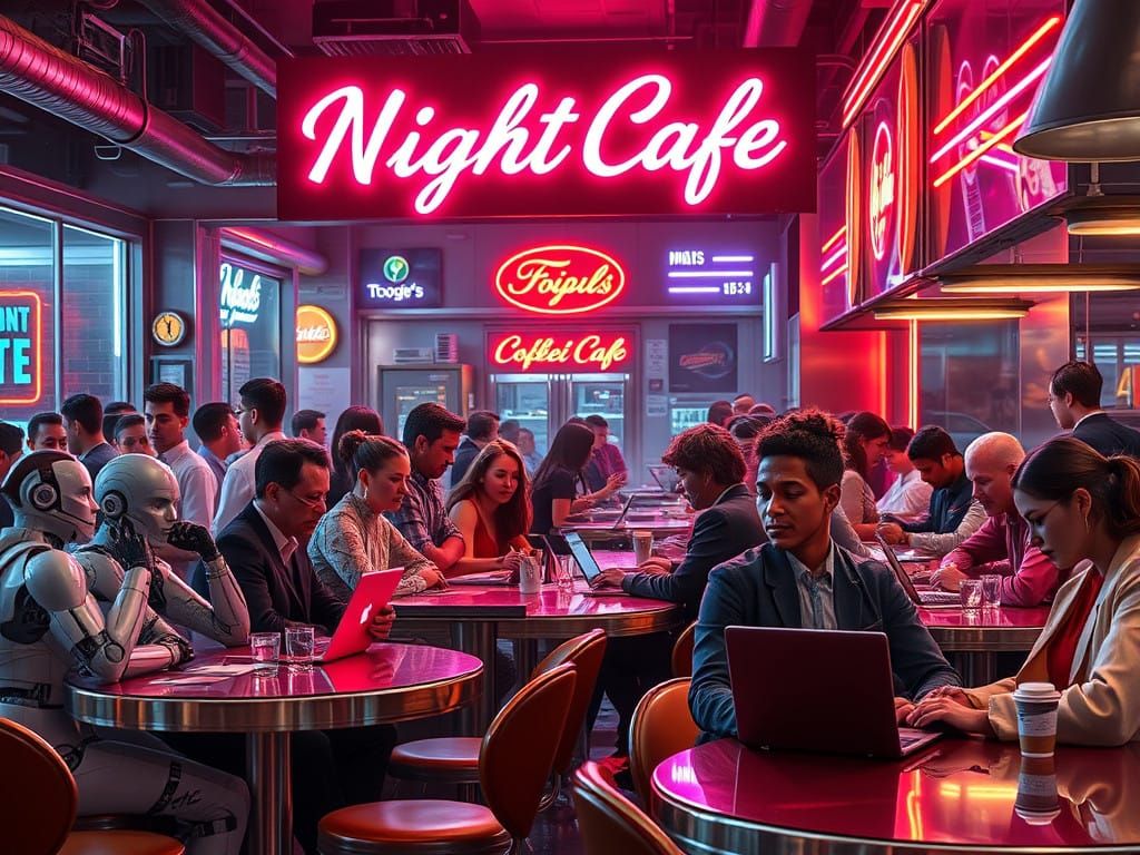 Futuristic Coffee Shop in Neon Lighted Evening