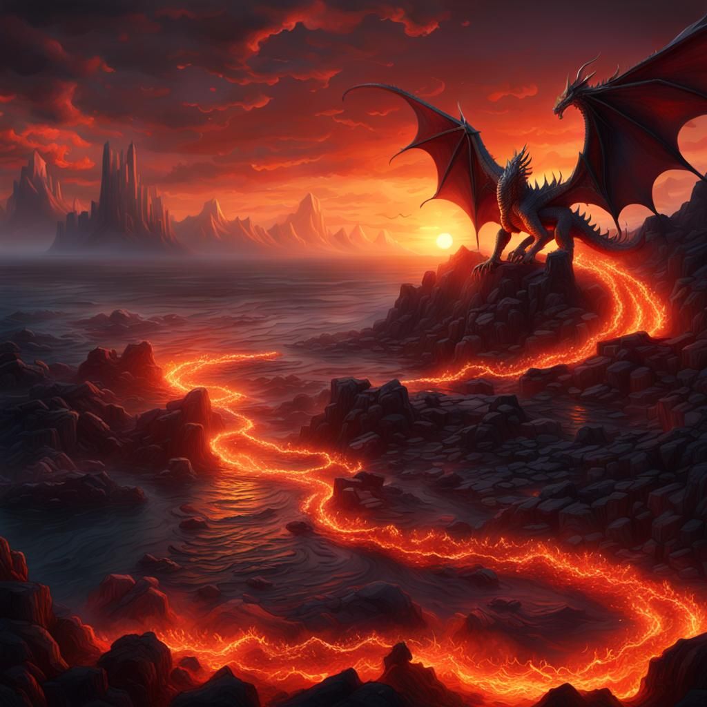 Fire Dragon over Blood Sea with Lilies