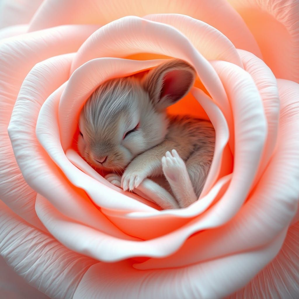 Charming Bunny Amidst Rose Petals in Dreamlike Anime Style