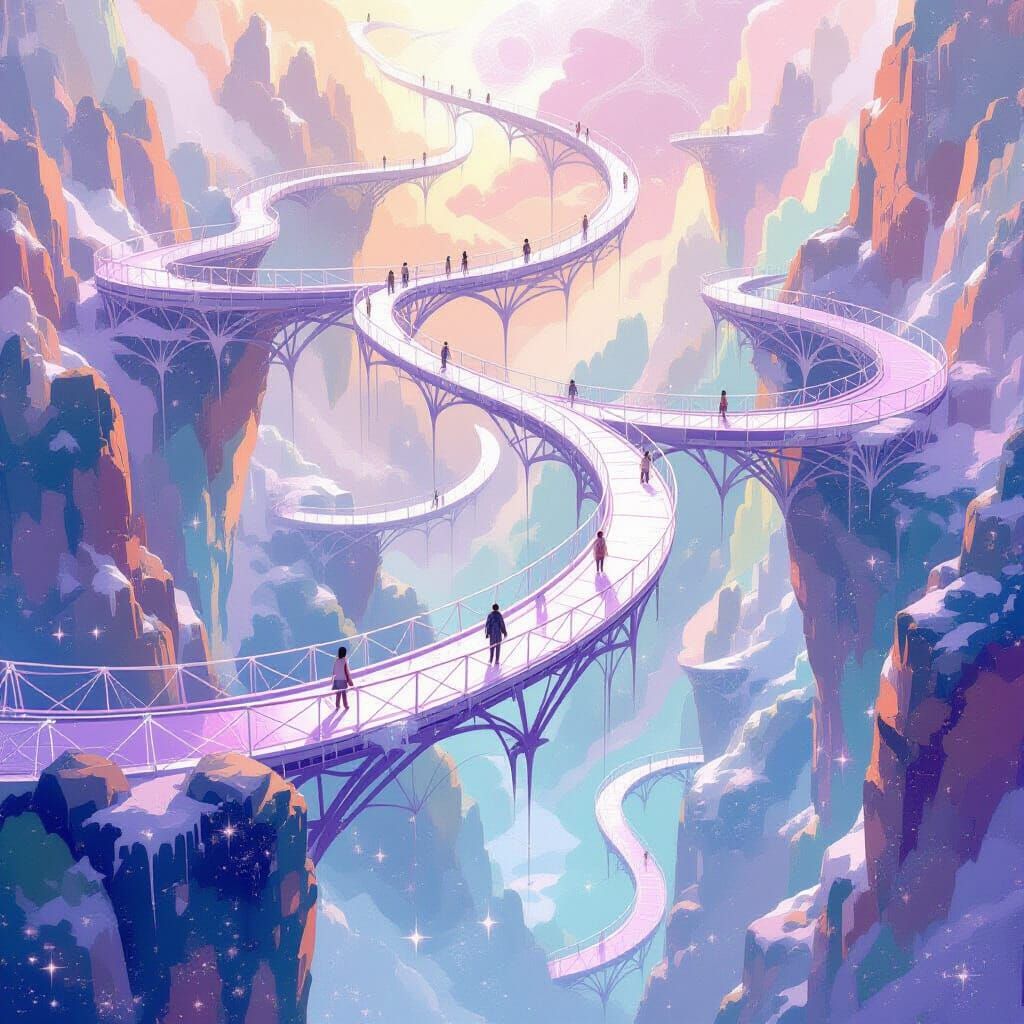 Dreamlike Spiderweb Bridges Over Pastel Void