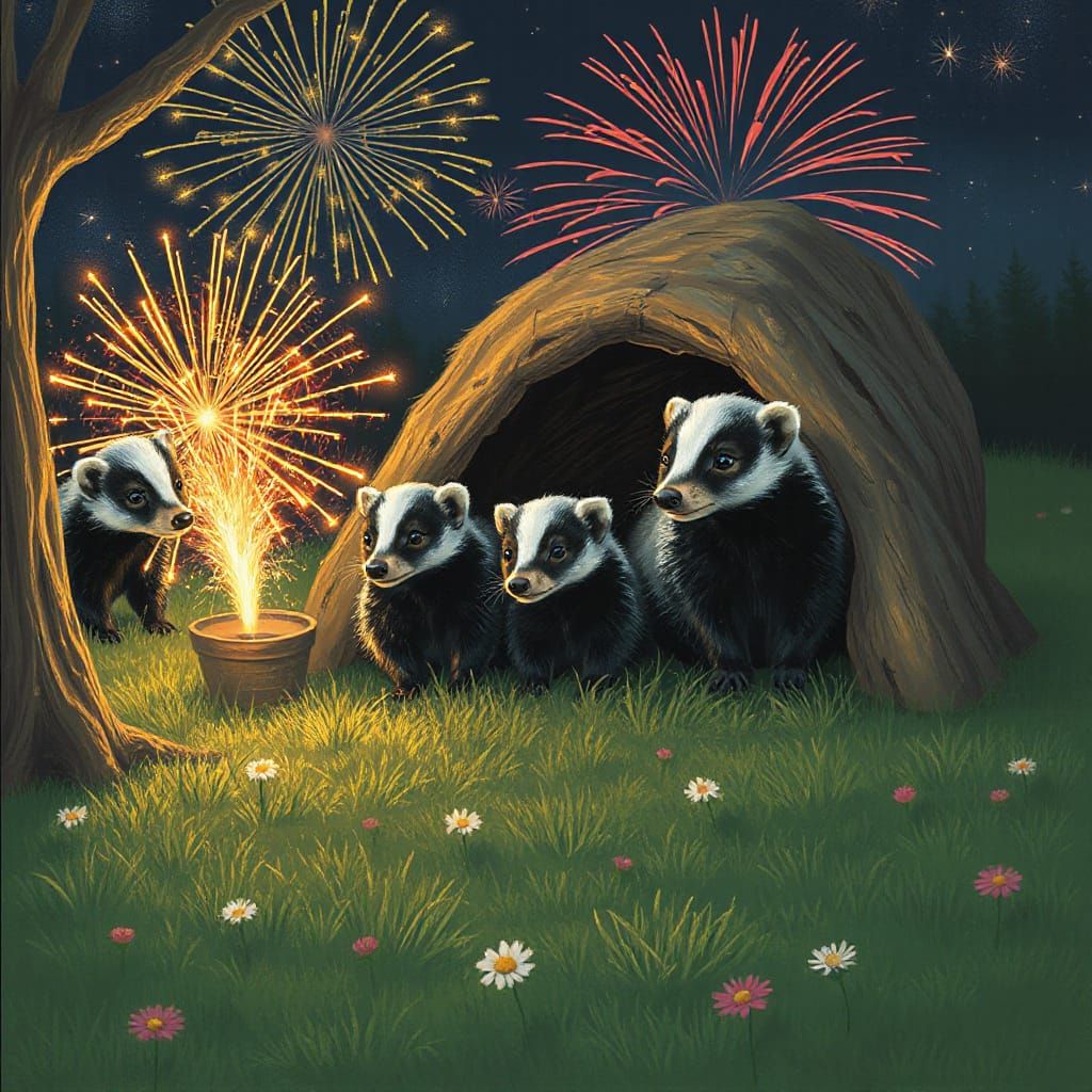 Skunk Family Enjoying Fireworks Display