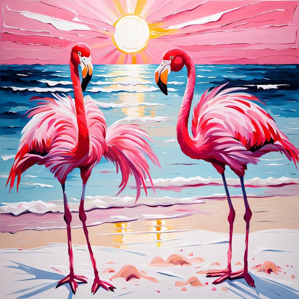 Pink Flamingos on Beach: Impasto Gouache Painting