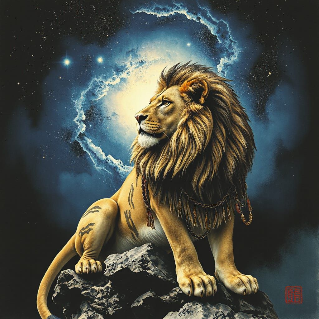 Ancient Lion Contemplating Nebula in Starry Void