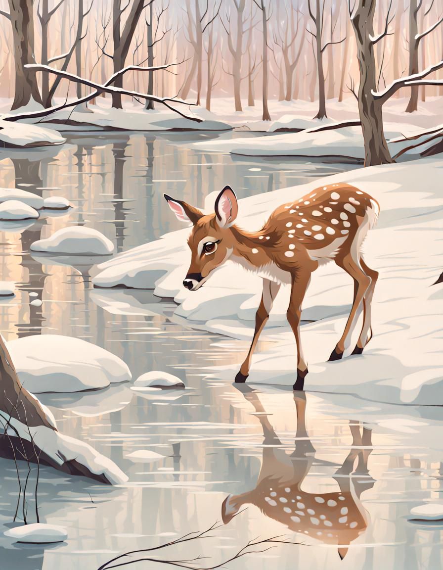 Pastel Winter: Bambi's Reflection in Frozen River
