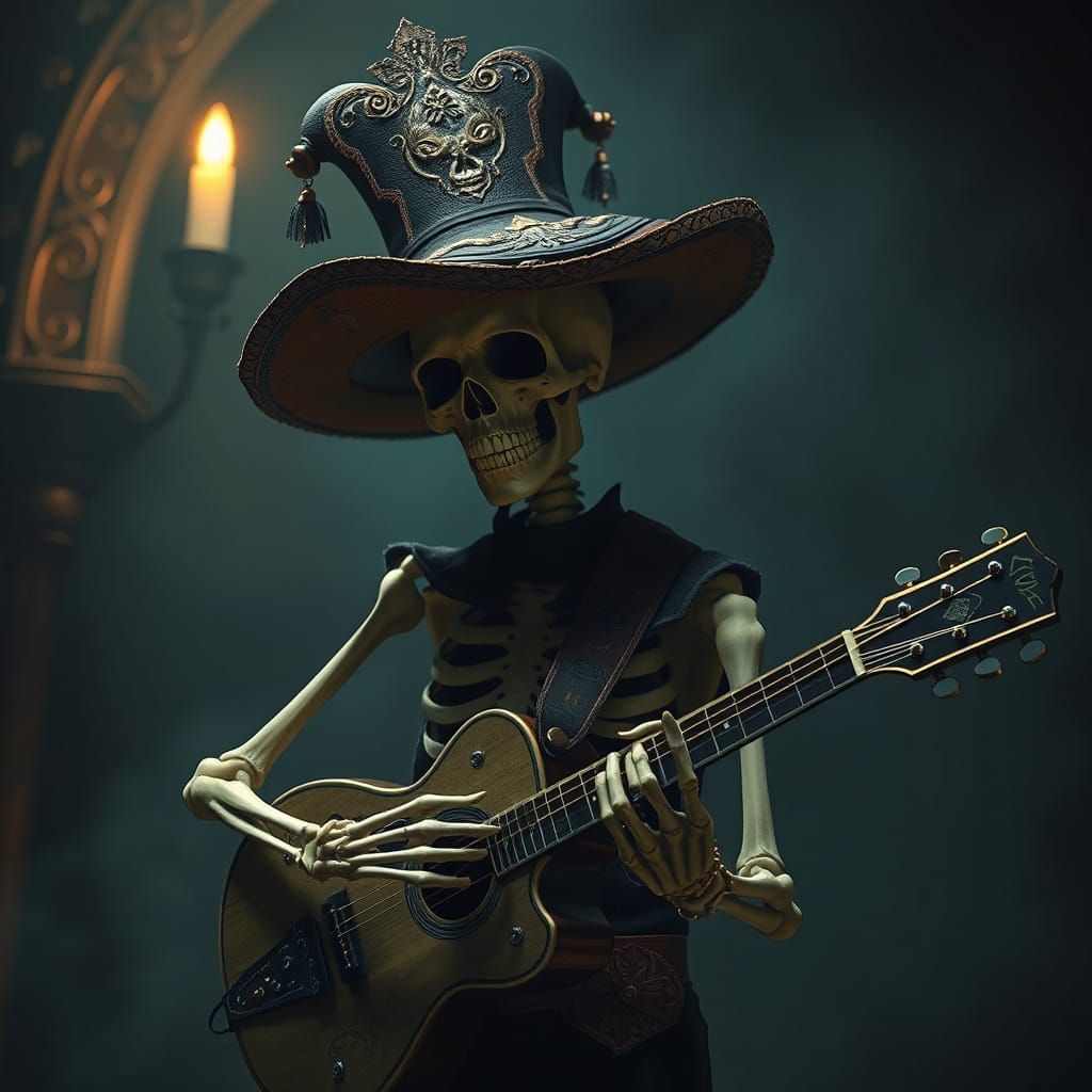 Skeleton Guitarist in Dark Fantasy Style