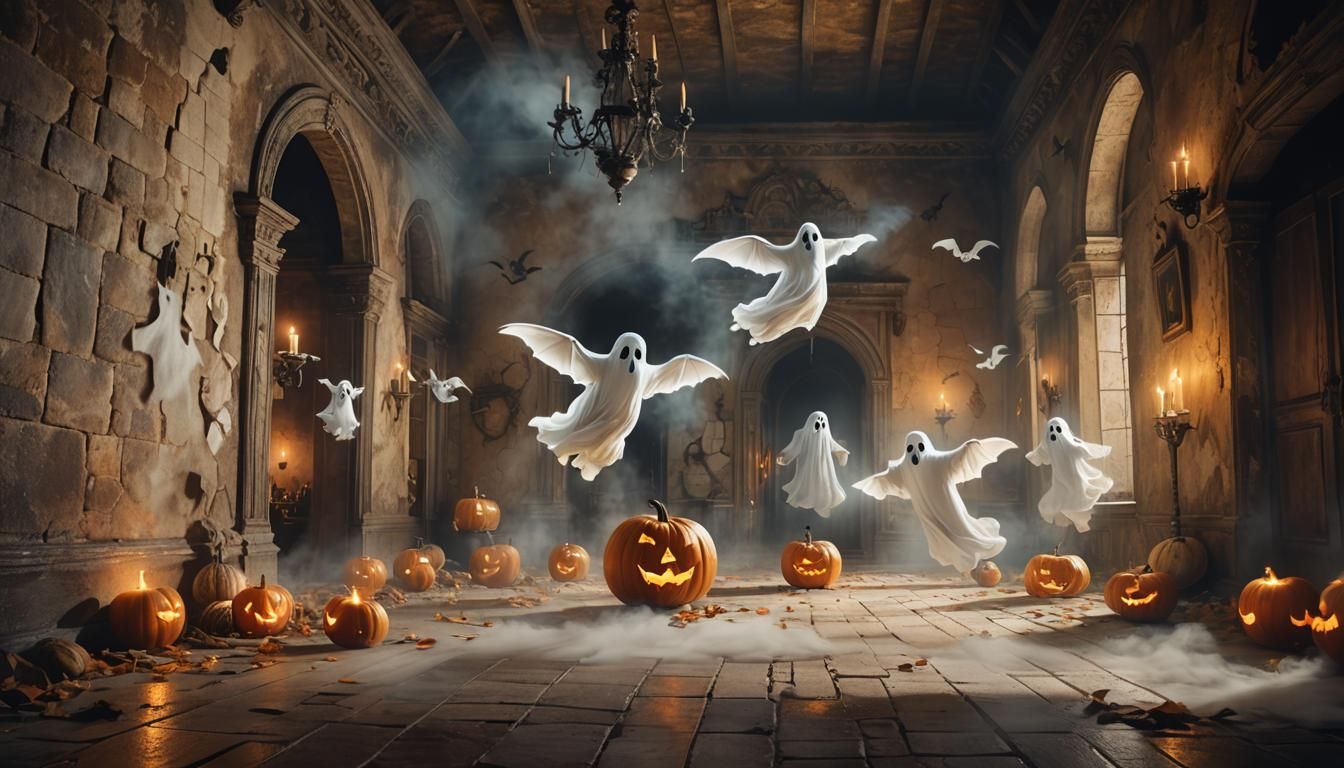 White Ghosts in Old Castle: Halloween Digital Art