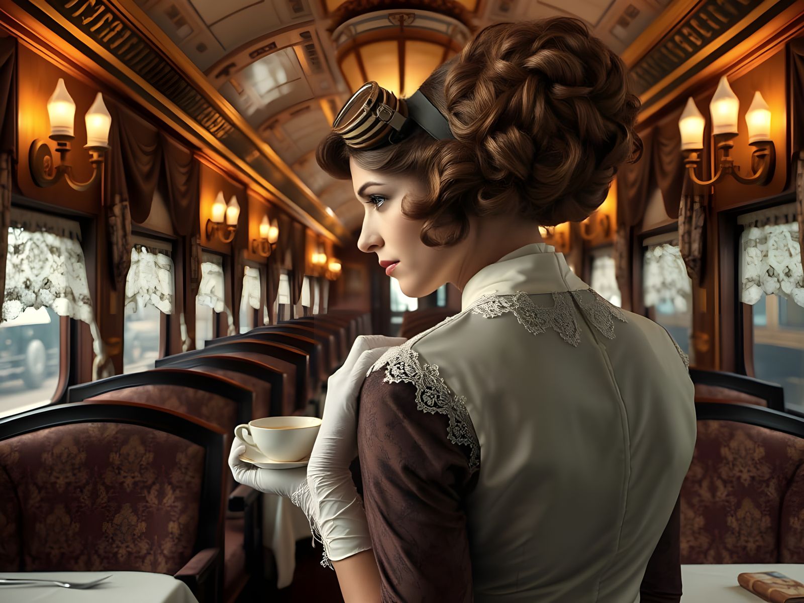 Elegant Victorian Lady Sips Tea in Luxury Train Carriage