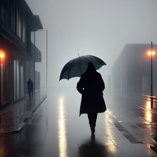 Cinematic Film Still: Person in Stormy Wind and Rain