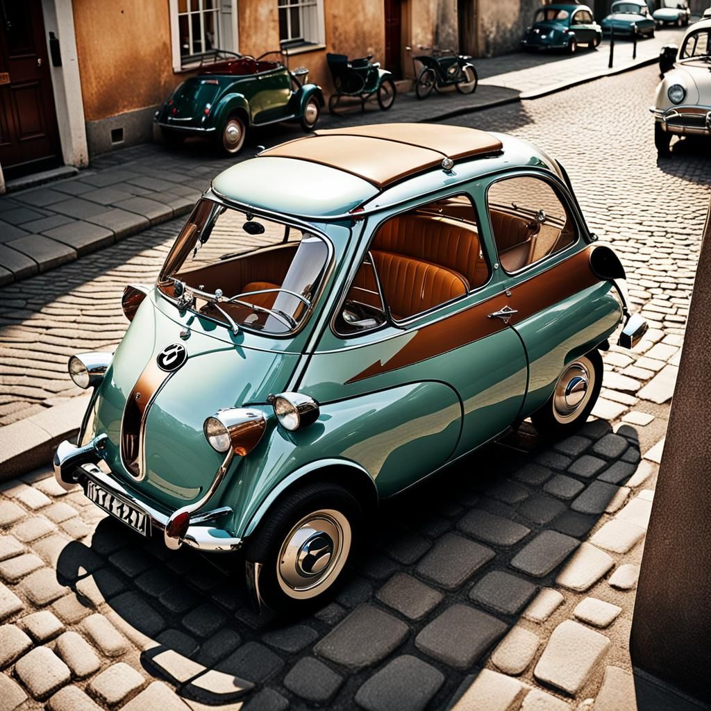 1955 BMW Isetta Microcar on Cobblestone Street