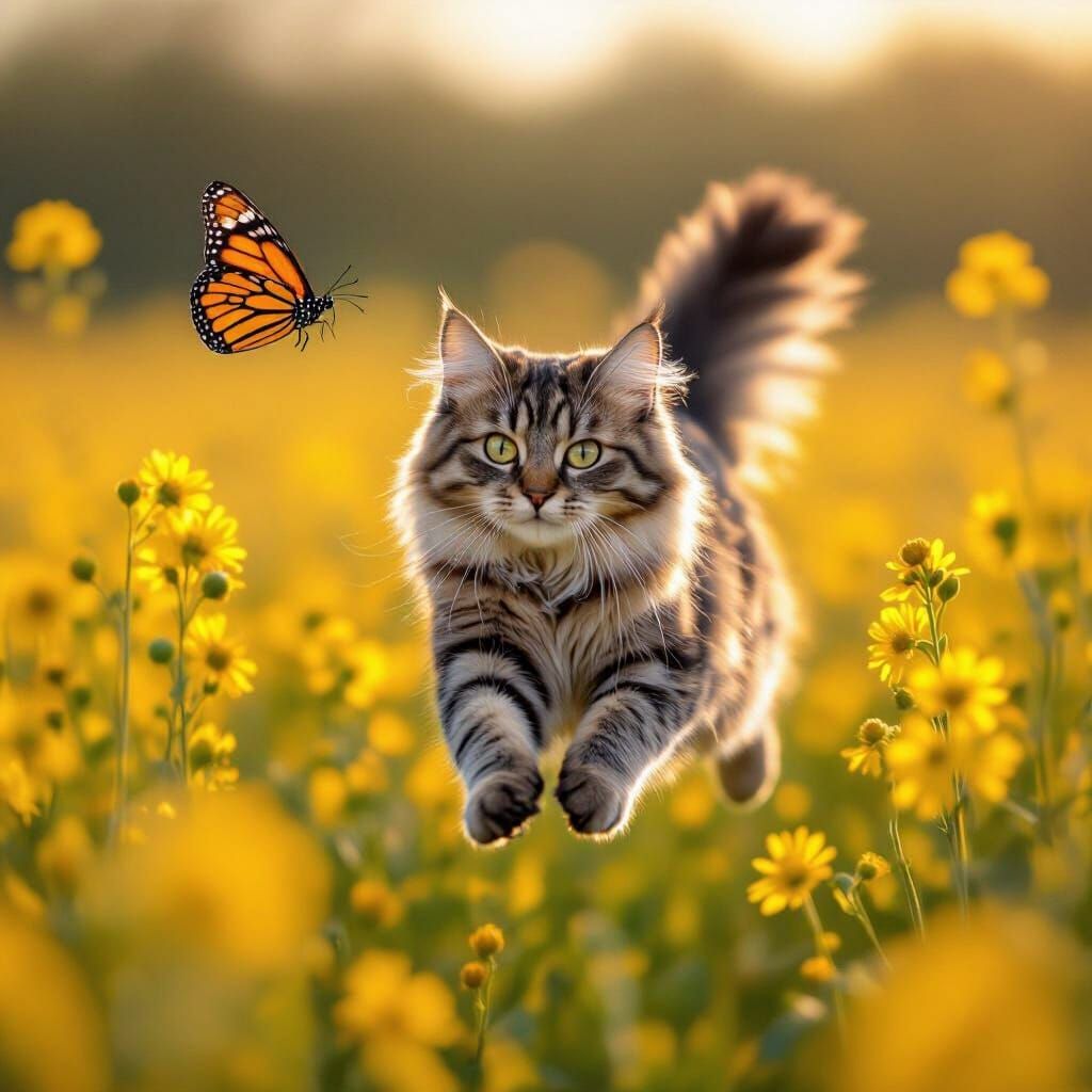 Grey Tabby Cat Leaps for Butterfly in Golden Canola Field