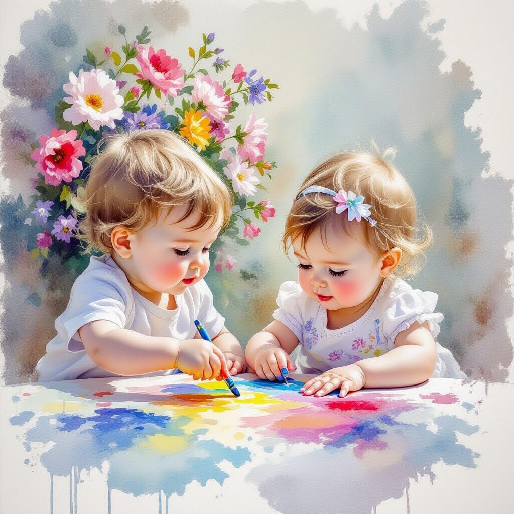Baby Siblings Finger Painting with Flowers in Soft Watercolo...