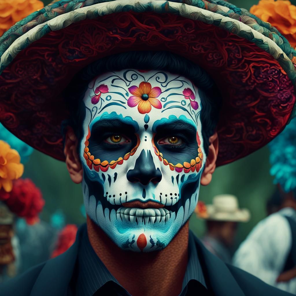 Medium shot of a beautiful man wearing colorful Día de los M...