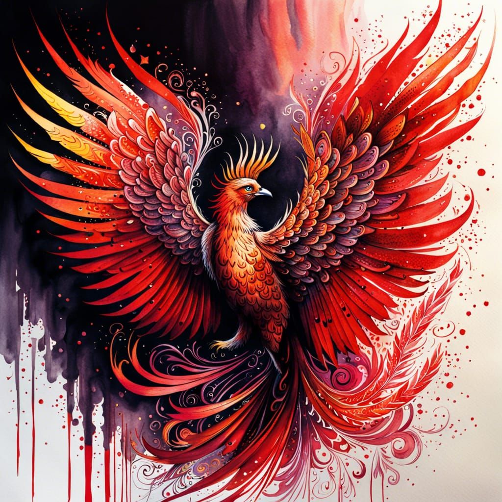Dynamic Ink and Aquarelle Phoenix Wings in Red
