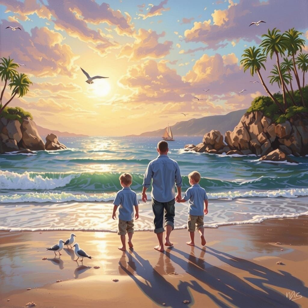 Beach Walk at Sunset in Impressionistic Style