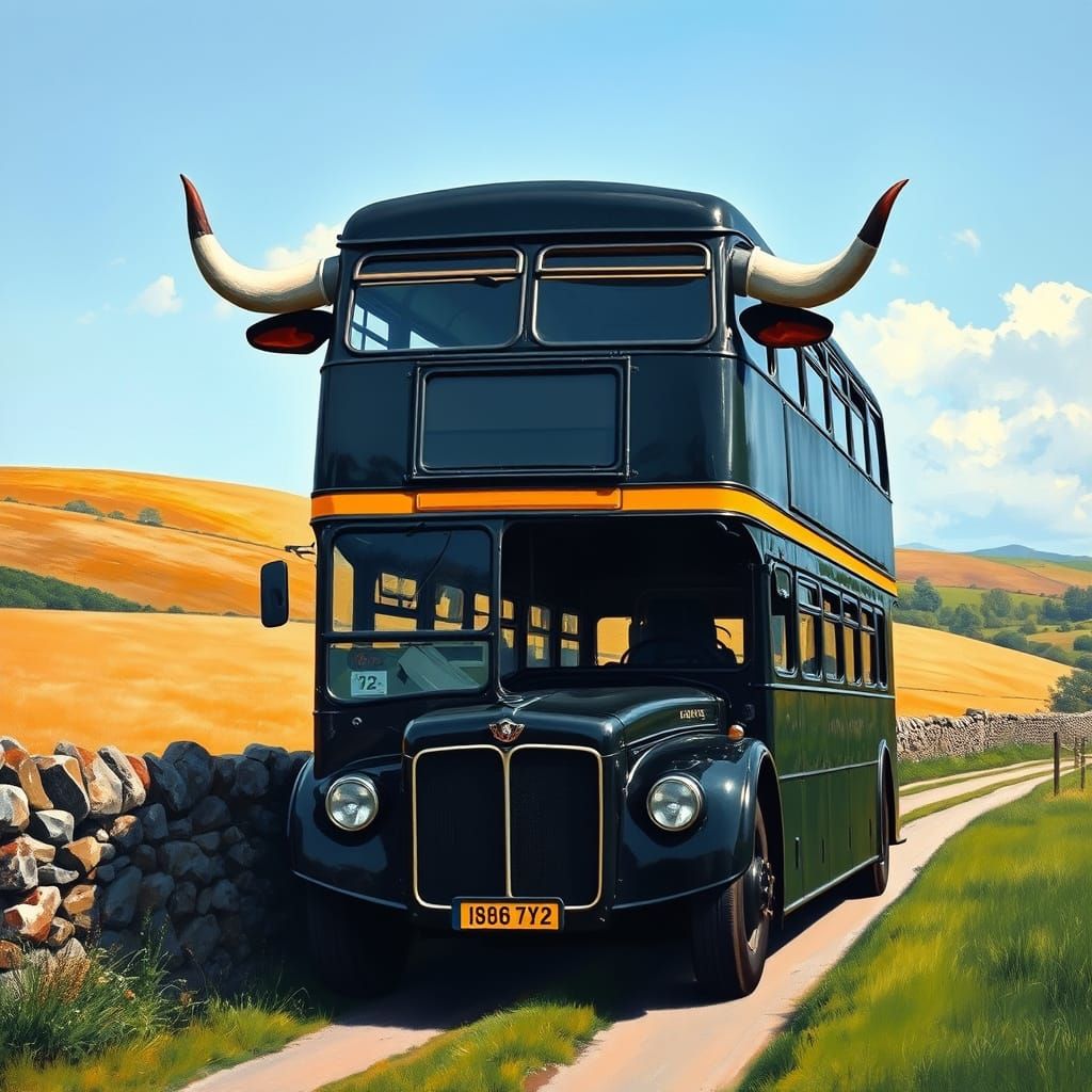 Surreal Black Bus with Bull Features in Oil Painting