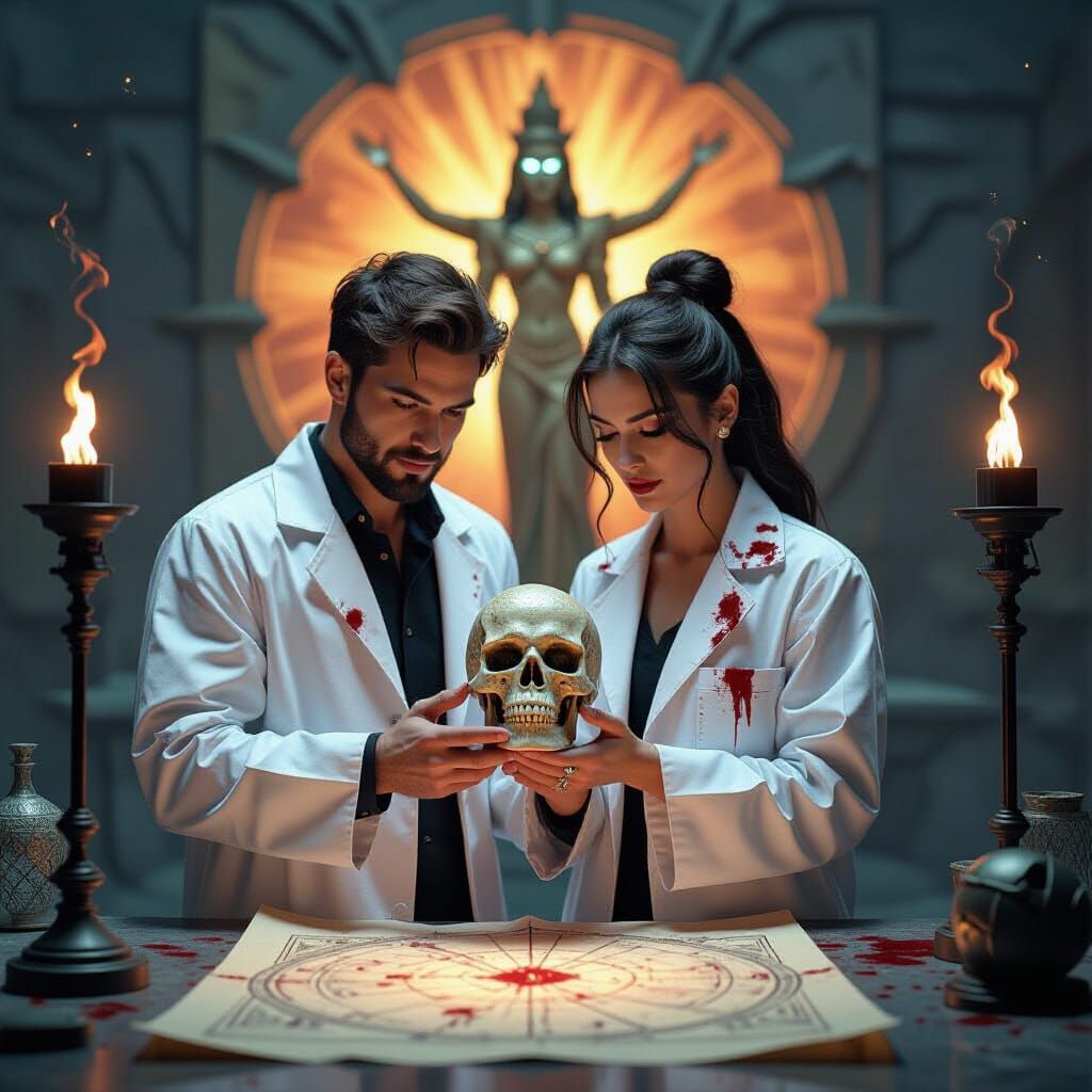 Cosmic Horror Couple with Crystal Skull in Neo-Noir Style
