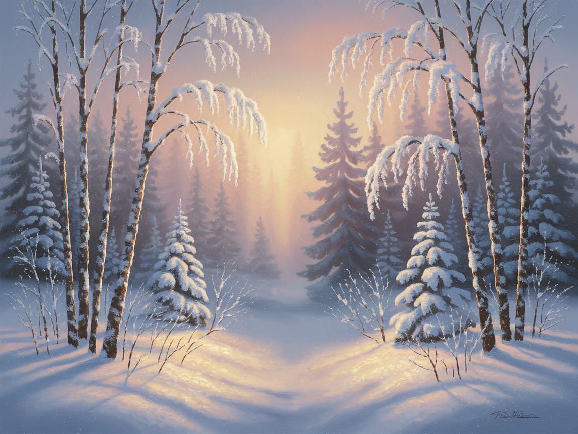 Enchanting Winter Forest in Ethereal Oil Painting