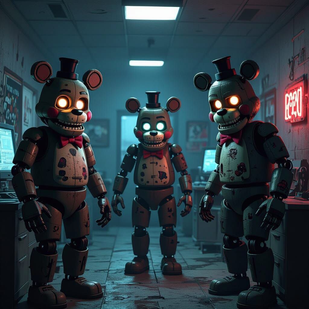 FNAF 2 Animatronics in Eerie Security Office Horror Art