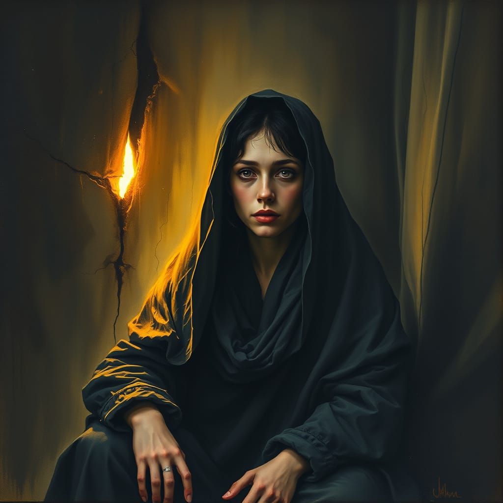 A Woman Finds Hope in Darkness, Illuminated by Golden Light