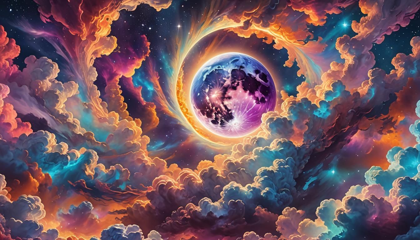 Astral Moon in Iridescent Clouds, Dreamlike Artwork