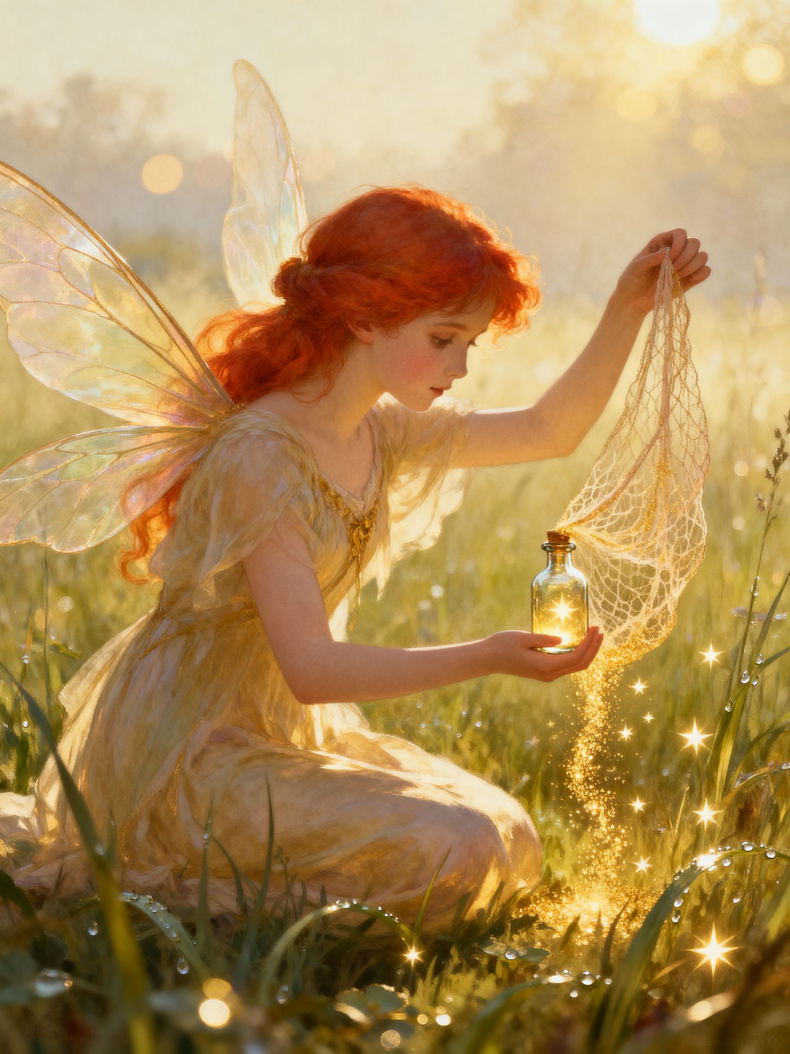 Fairy Girl Captures Sunlight in Glass Vial with Silky Net