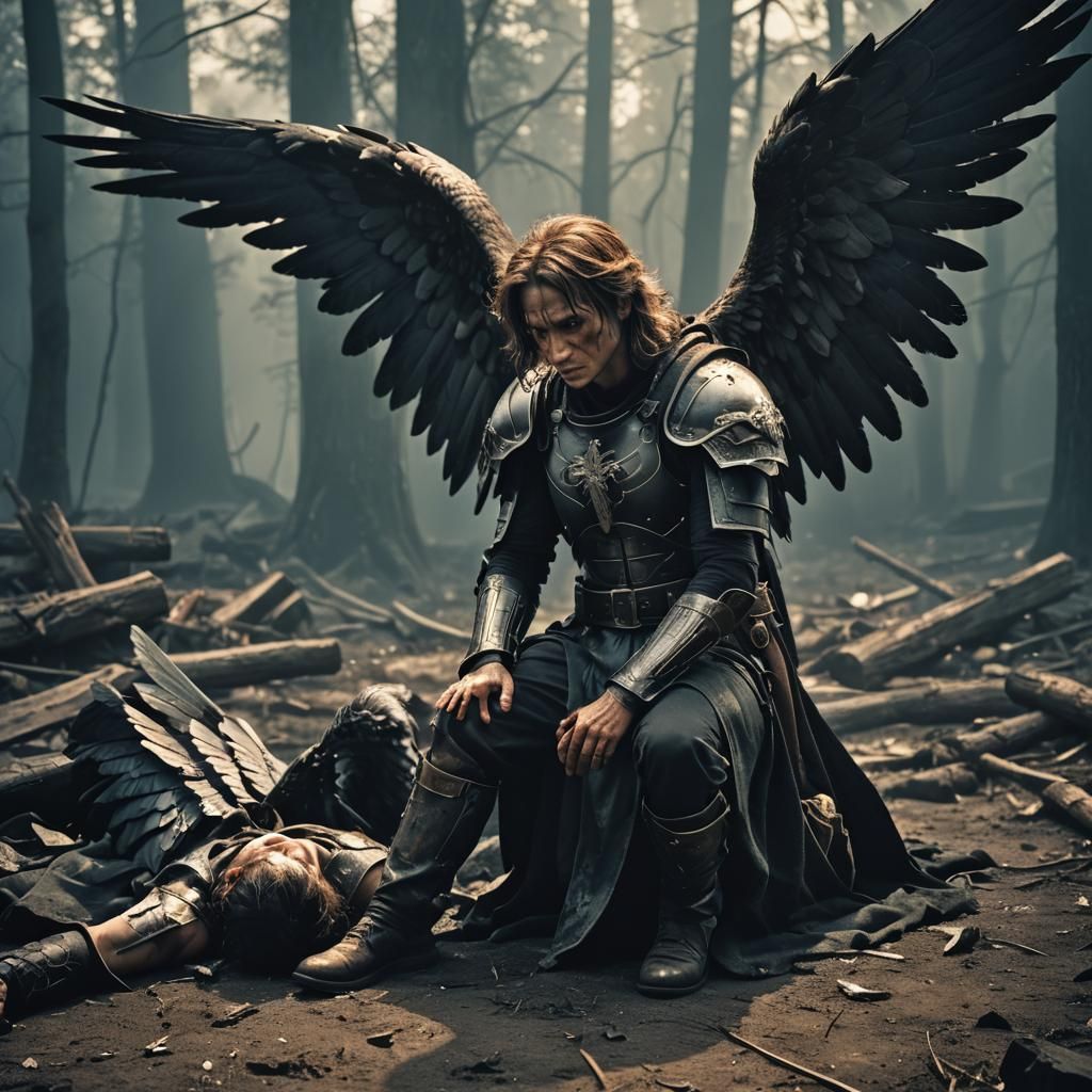 Sorrowful Dark Angel Kneeling Over Wounded Angel