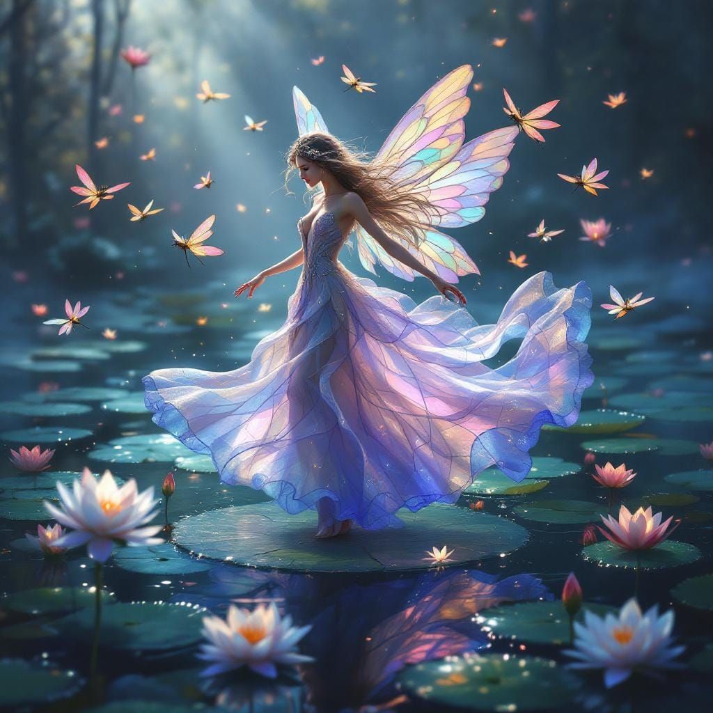 Fairy Queen Dancing with Stained Glass Dragonflies