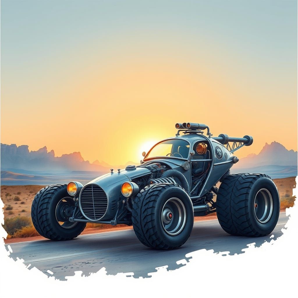 Stylish Monster Car on Desert Road, Watercolor Style