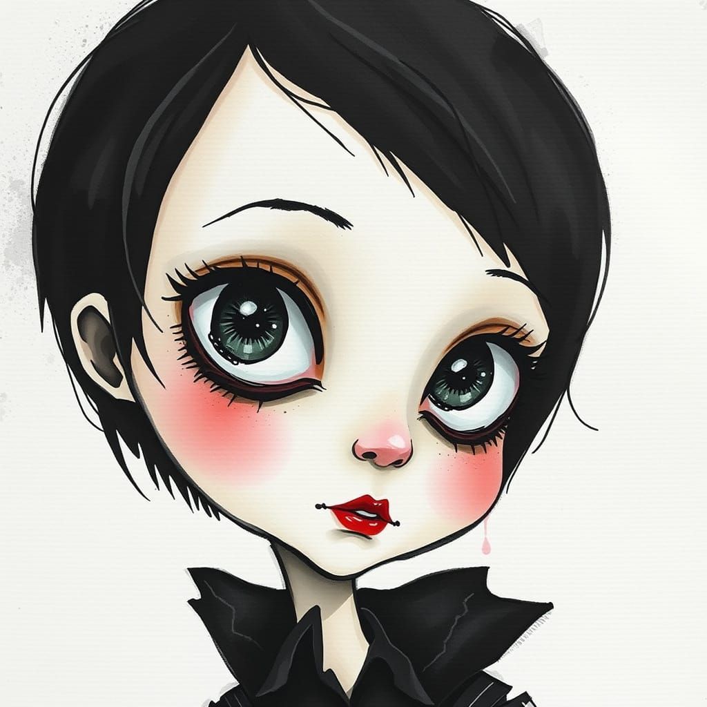 Gothic Portrait with Big Expressive Eyes in Watercolor Style
