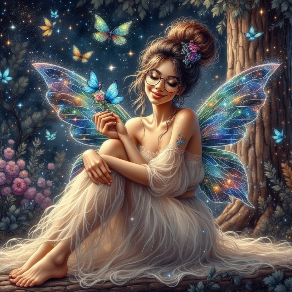 Serene Woman with Luminous Tattoos and Butterflies