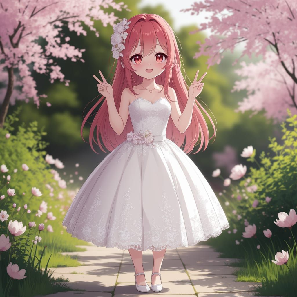 Anime Girl in Wedding Dress with Cherry Blossoms