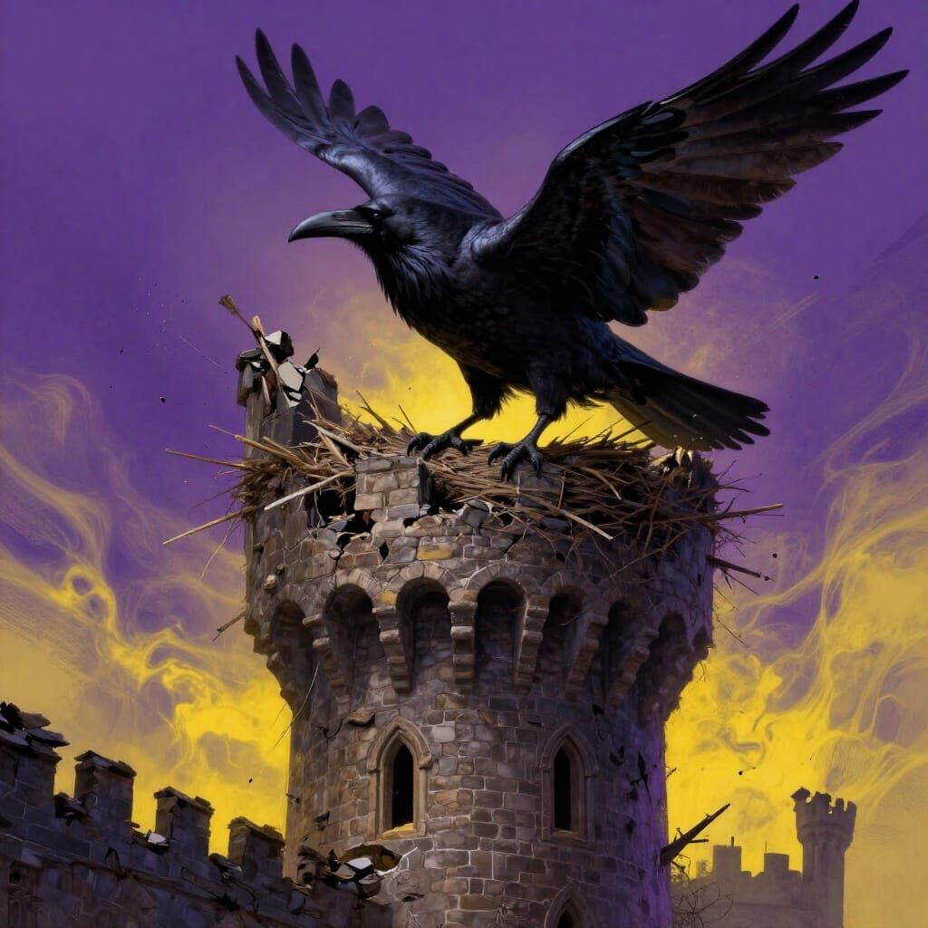 Giant Raven Nesting in Ruined Castle Tower Art