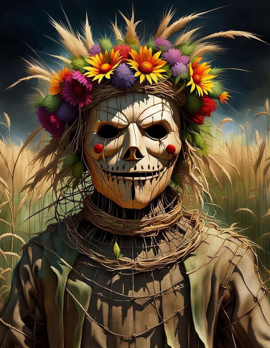 Scarecrow with Barbed Wire Crown in Wildflower Field