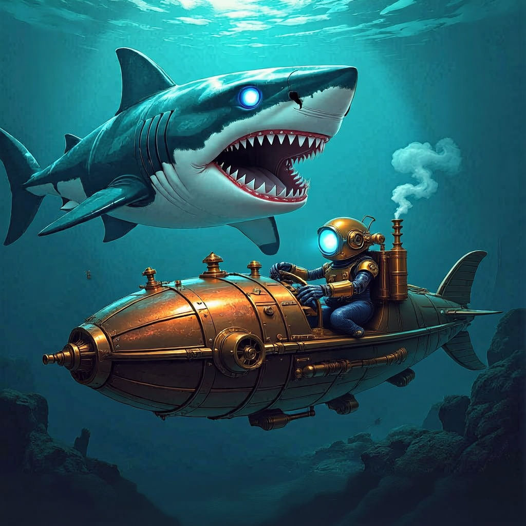 Steampunk Robot Shark and Nautilus Undersea Scene