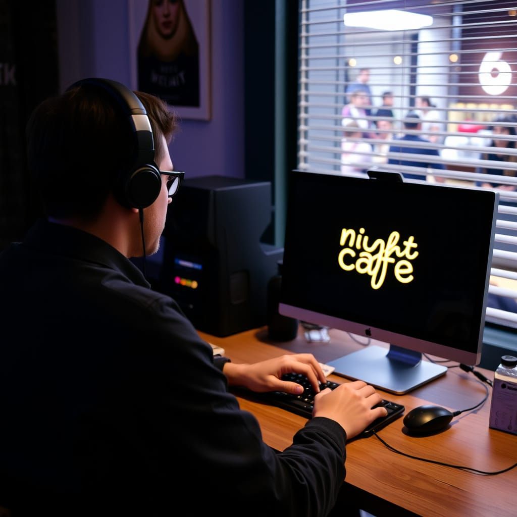 Person at Desk with Computer Displaying Night Cafe