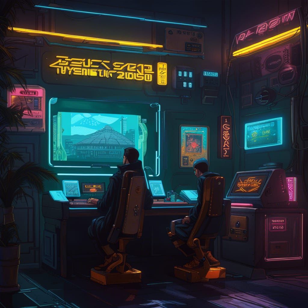 Golden Cyberpunk Computer in Neon Style