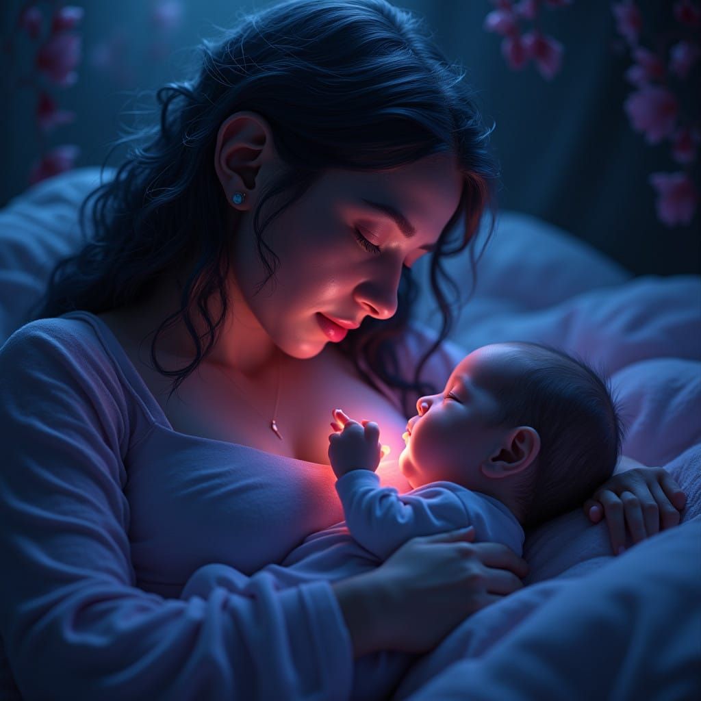 Gentle Motherhood in Neon Dreamscape
