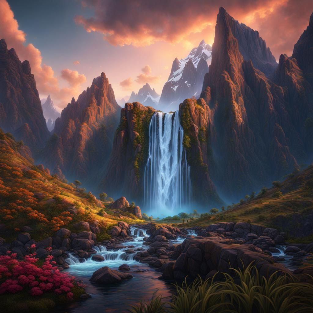 Fantastical Waterfall and Mountain Landscape Painting