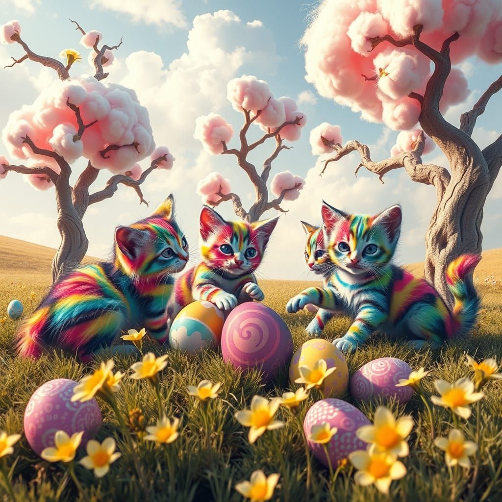 Whimsical Tie-Dye Kittens Play with Easter Eggs Amidst Cotto...