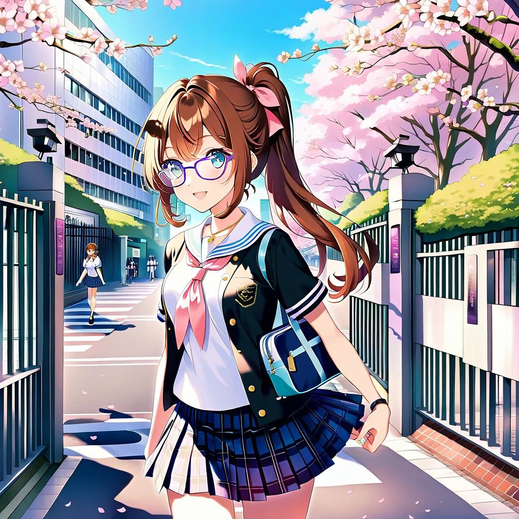 Anime Girl in Tokyo with Cherry Blossoms