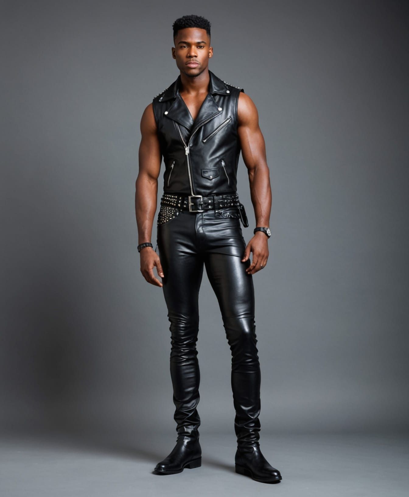 Stylish Black Man in Leather Outfit