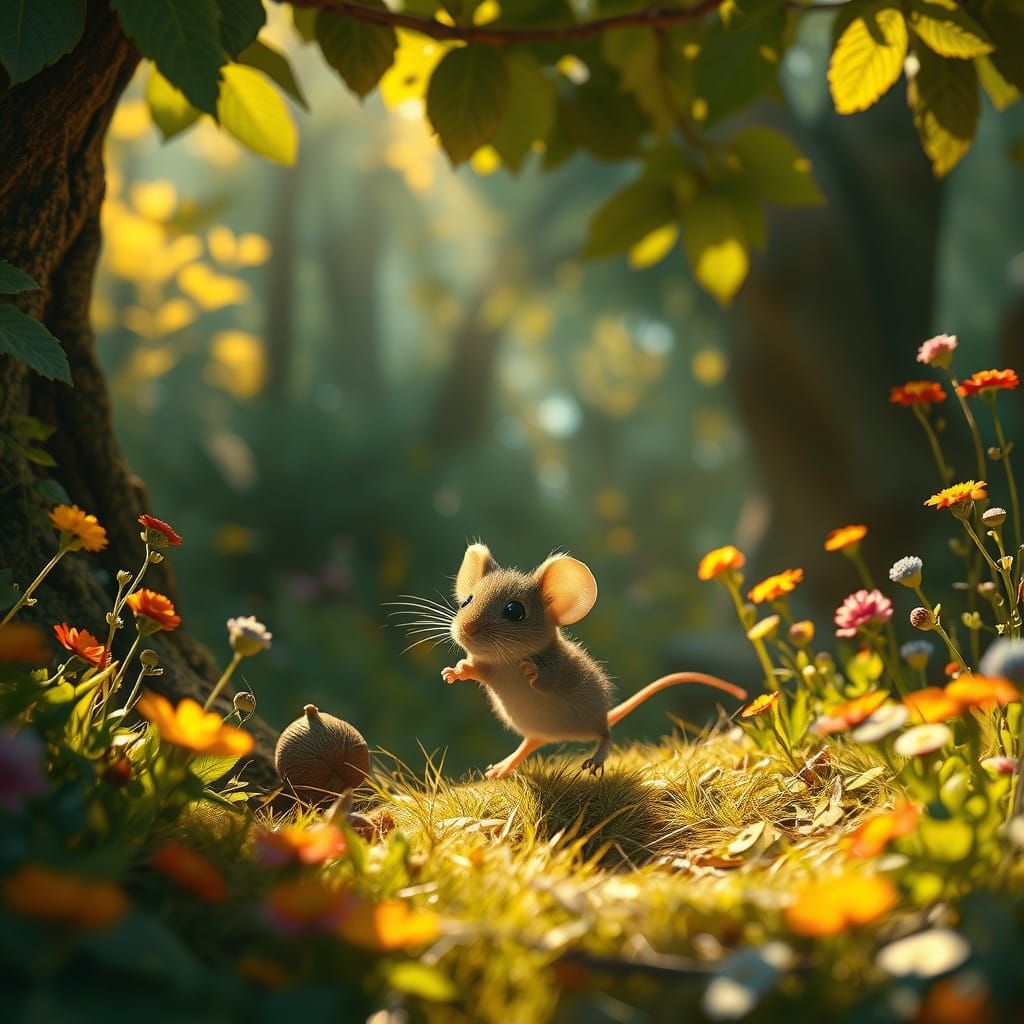Whimsical Baby Mouse in Sunlit Forest Glade